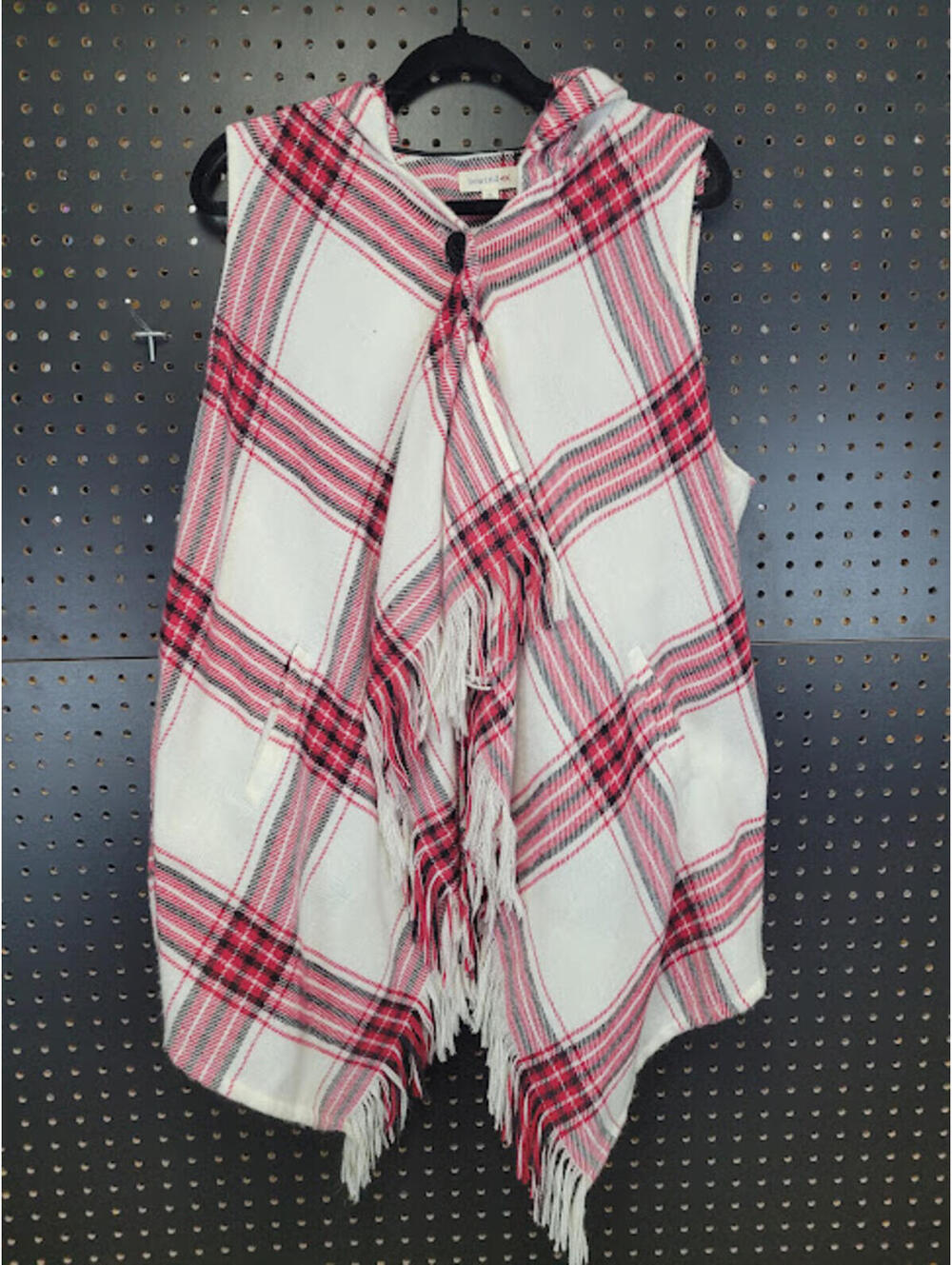 Rewind Hooded Plaid Poncho Flyaway Vest with Fringe Trim